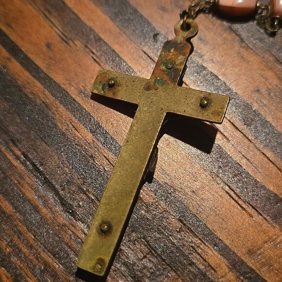 Vintage Pink Bronze Silver Tone Medals Color Rosary Necklace Faith Love Hope - Picture 16 of 16